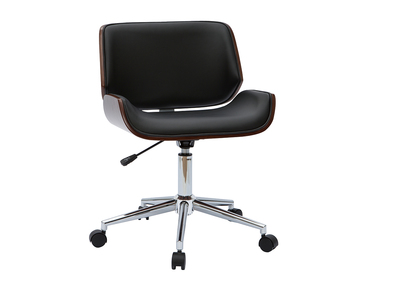 Chaise de bureau &agrave; roulettes design noir, bois fonc&eacute; noyer et acier chrom&eacute; RUBBENS