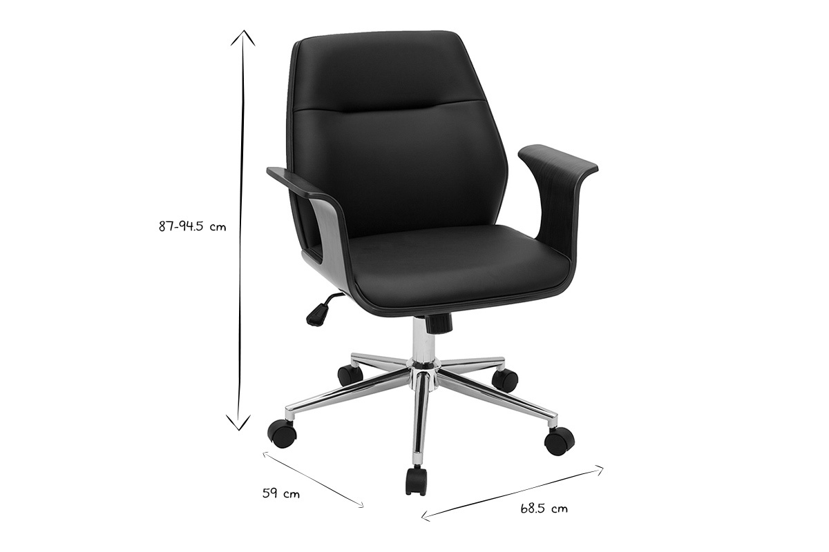 Chaise de bureau � roulettes design noir, bois fonc� noyer et acier chrom� RUFIN