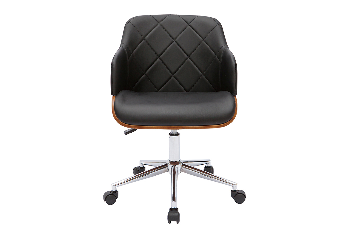 Chaise de bureau � roulettes design noir, bois fonc� noyer et acier chrom� SANDRO