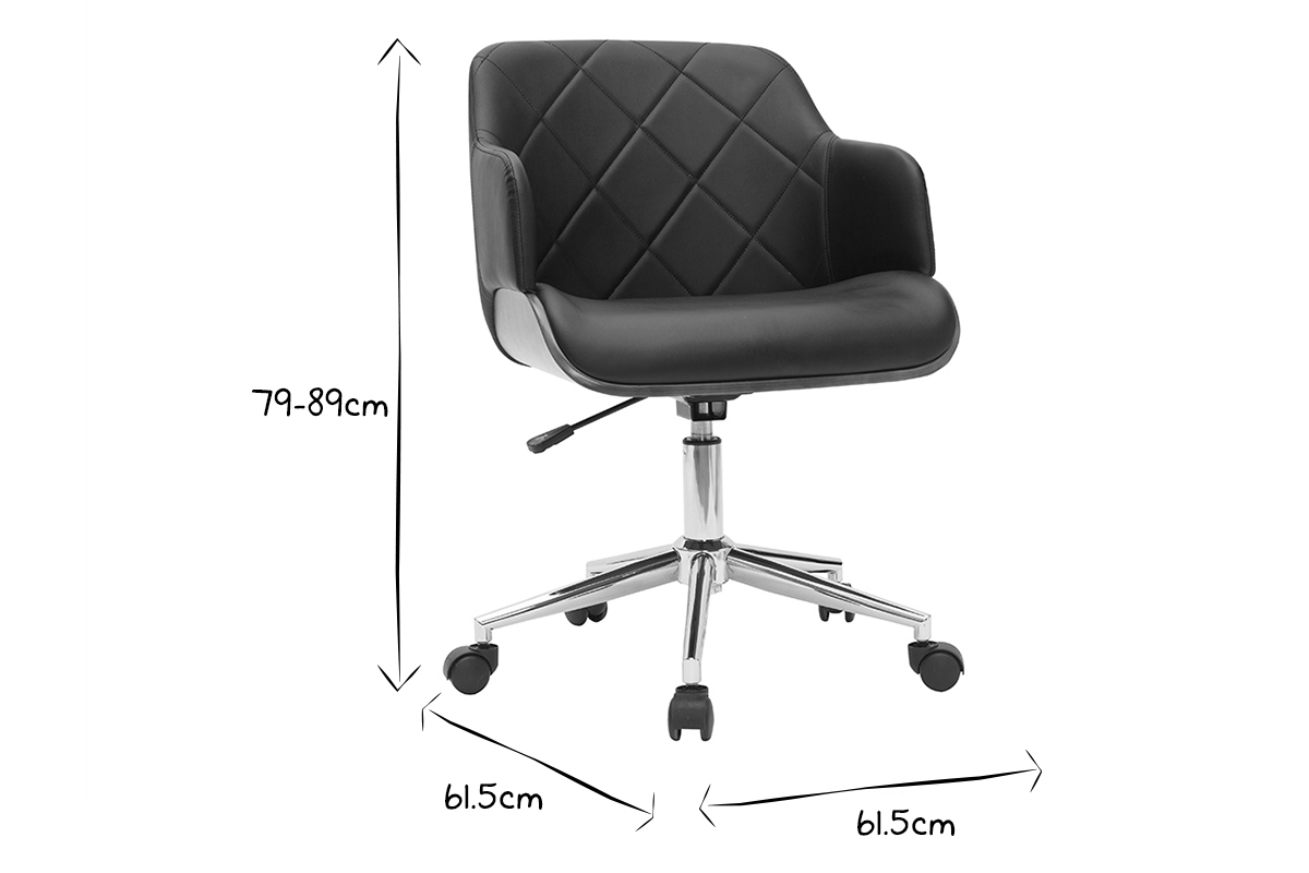 Chaise de bureau � roulettes design noir, bois fonc� noyer et acier chrom� SANDRO
