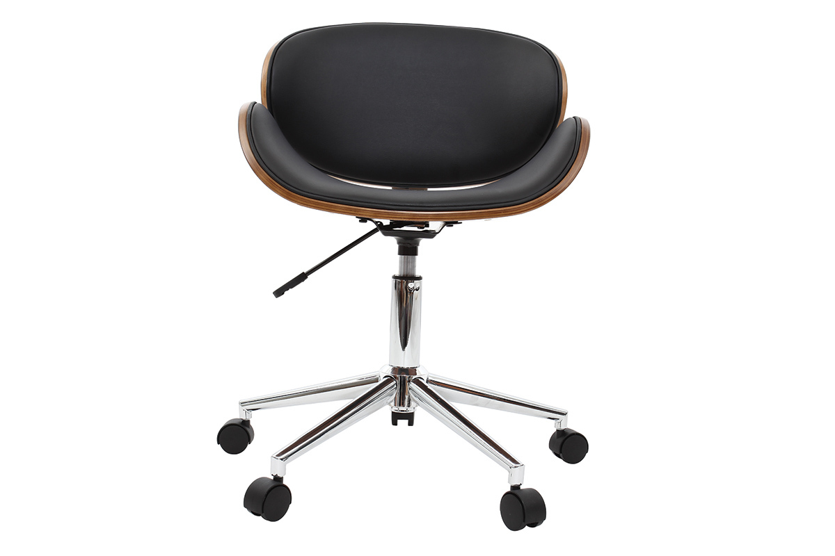 Chaise de bureau design noir, bois noyer, pied chrom�, vue de face.