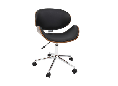 Chaise de bureau &agrave; roulettes design noir, bois fonc&eacute; noyer et acier chrom&eacute; WALNUT