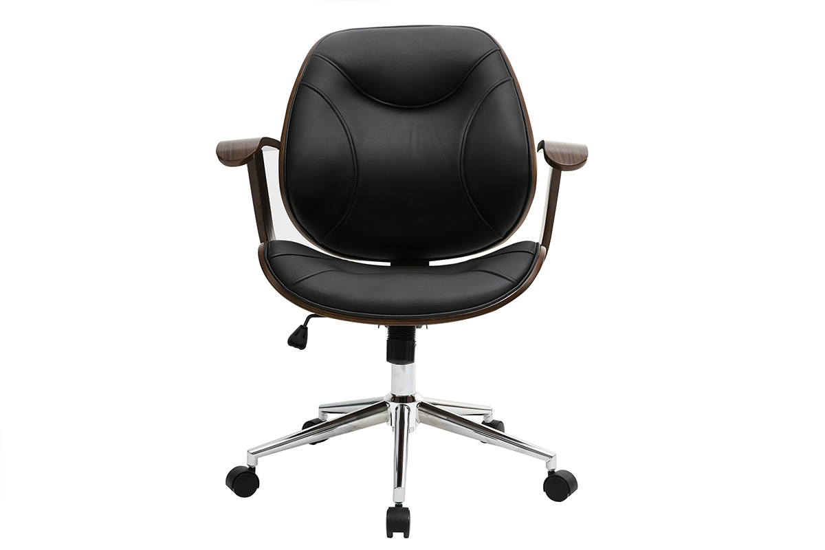 Chaise de bureau � roulettes design noir, bois fonc� noyer et acier chrom� YORKE
