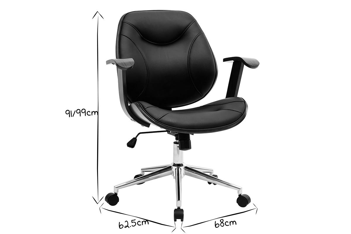 Chaise de bureau � roulettes design noir, bois fonc� noyer et acier chrom� YORKE