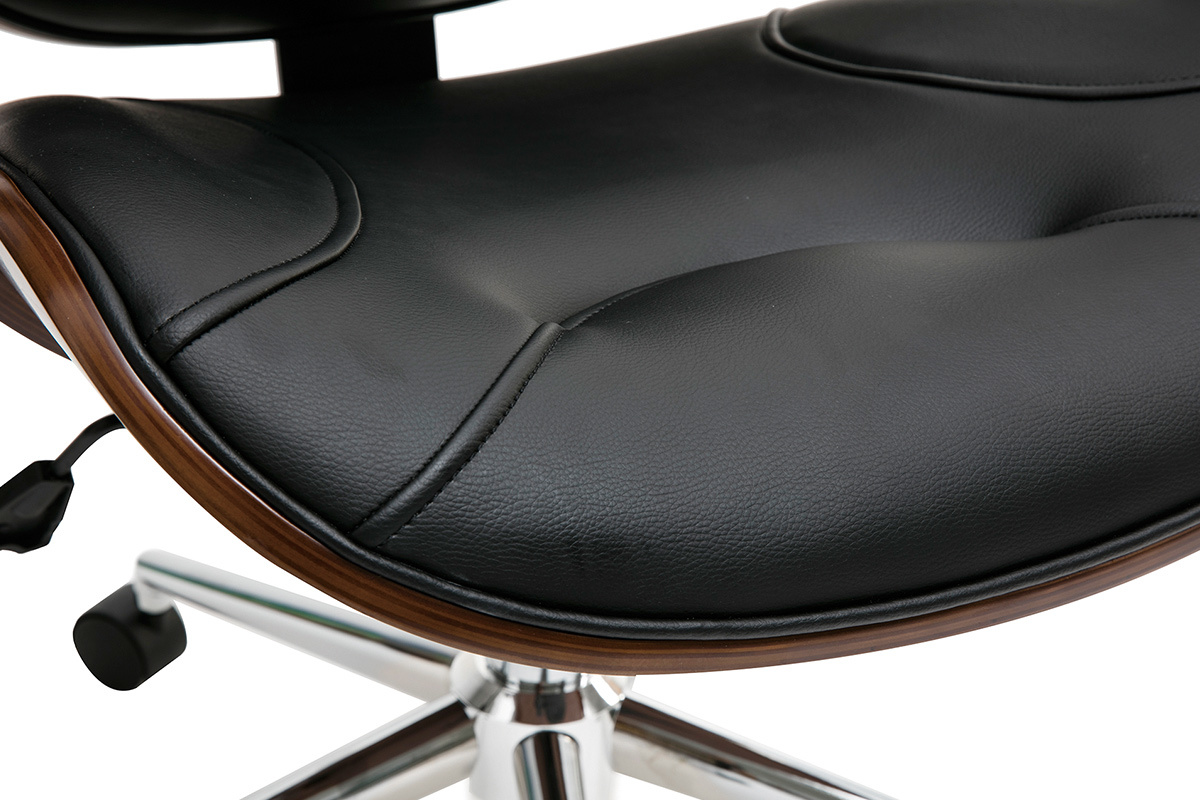 Chaise de bureau � roulettes design noir, bois fonc� noyer et acier chrom� YORKE