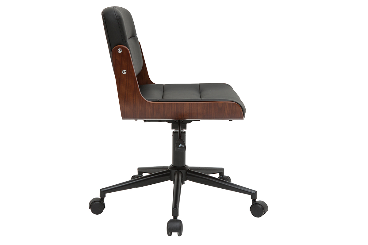 Chaise de bureau noire en bois fonc� avec roulettes, vue de c�t�.