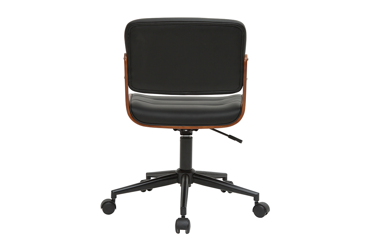 Chaise de bureau noir, dos en bois fonc�, roulettes noires, vue de dos.