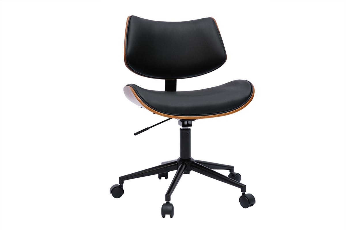 Chaise de bureau � roulettes design noir, bois fonc� noyer et m�tal noir MALMO