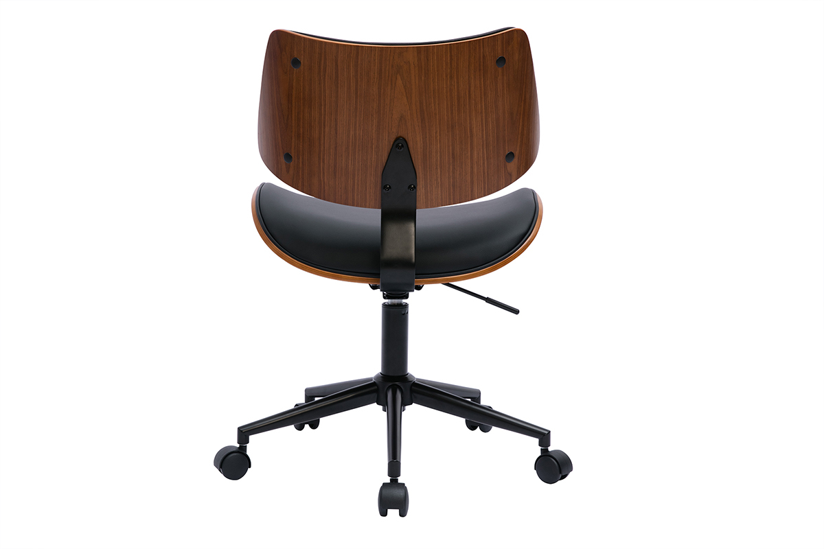 Chaise de bureau � roulettes design noir, bois fonc� noyer et m�tal noir MALMO