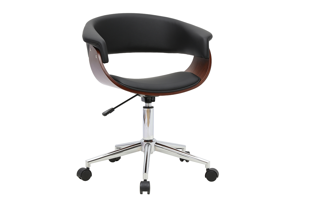 Chaise de bureau � roulettes OKTAV, design noir, bois fonc� et acier chrom�, vue de 3/4