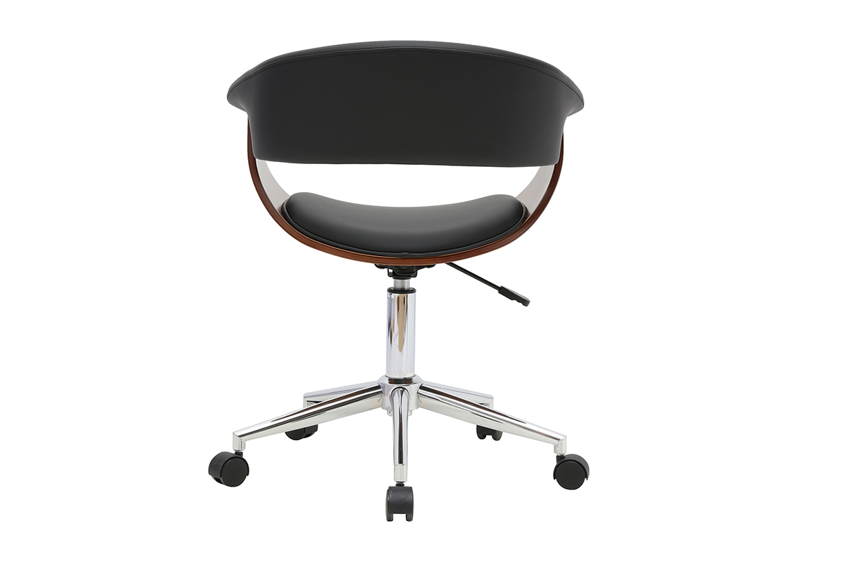 Chaise de bureau � roulettes noire et bois fonc�, vue de dos, avec accoudoirs et base chrom�e