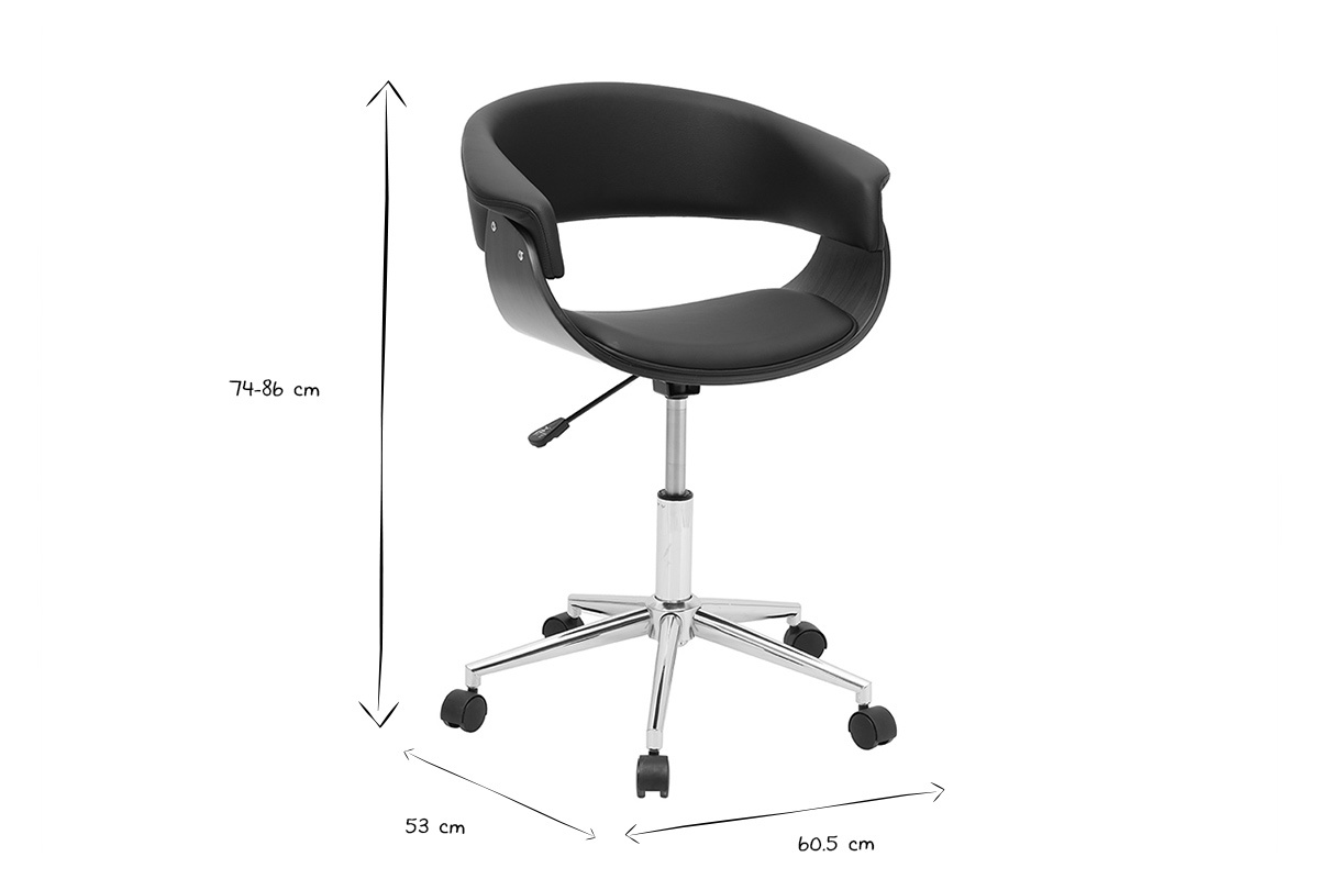 Dimensions de la chaise de bureau OKTAV en noir et blanc, hauteur 74-86 cm, largeur 53 cm, profondeur 60,5 cm.