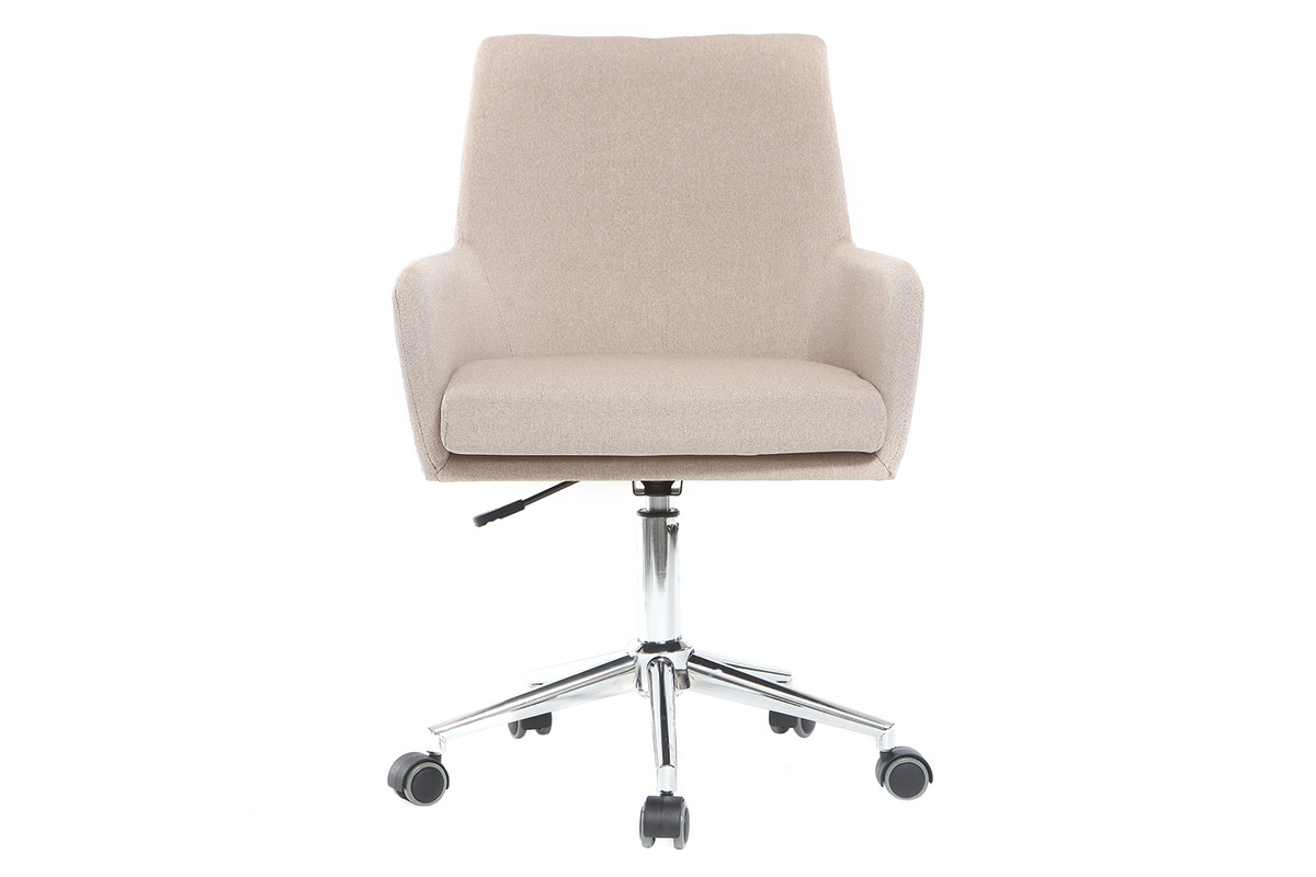 Chaise de bureau en tissu beige et acier chrom� SHANA, vue de face.