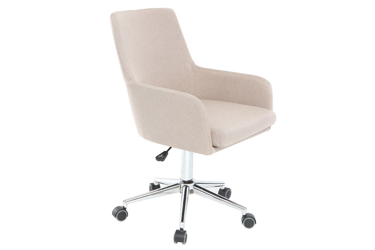 Chaise de bureau beige � roulettes et pieds chrom�s SHANA, vue de 3/4 de dessus.