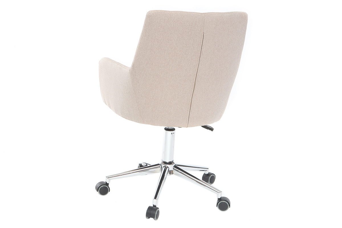 Chaise de bureau Shana en tissu beige vue de dos, pieds chrom�s et roulettes.