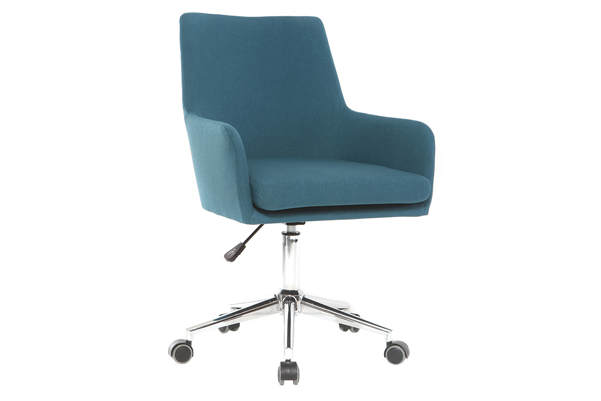 Chaise de bureau � roulettes en tissu bleu canard et acier chrom� SHANA