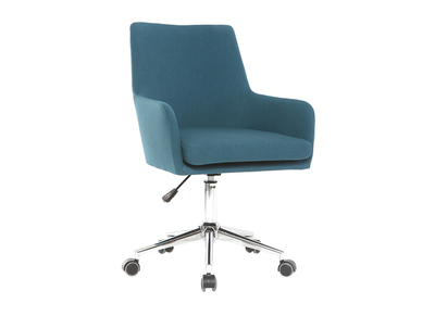 Chaise de bureau &agrave; roulettes en tissu bleu canard et acier chrom&eacute; SHANA