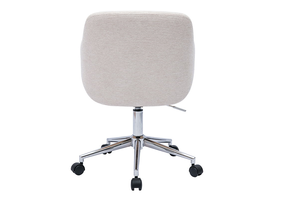 Chaise de bureau � roulettes en tissu chenille beige, bois clair et m�tal chrom� EARL