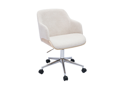 Chaise de bureau &agrave; roulettes en tissu chenille beige, bois clair et m&eacute;tal chrom&eacute; EARL