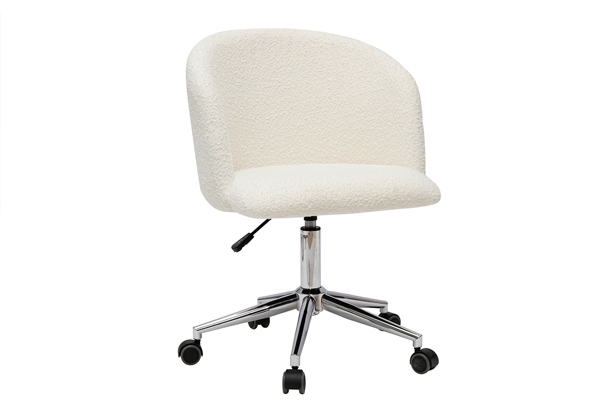 Chaise de bureau � roulettes en tissu effet laine boucl�e blanc cass� et acier chrom� VANITY