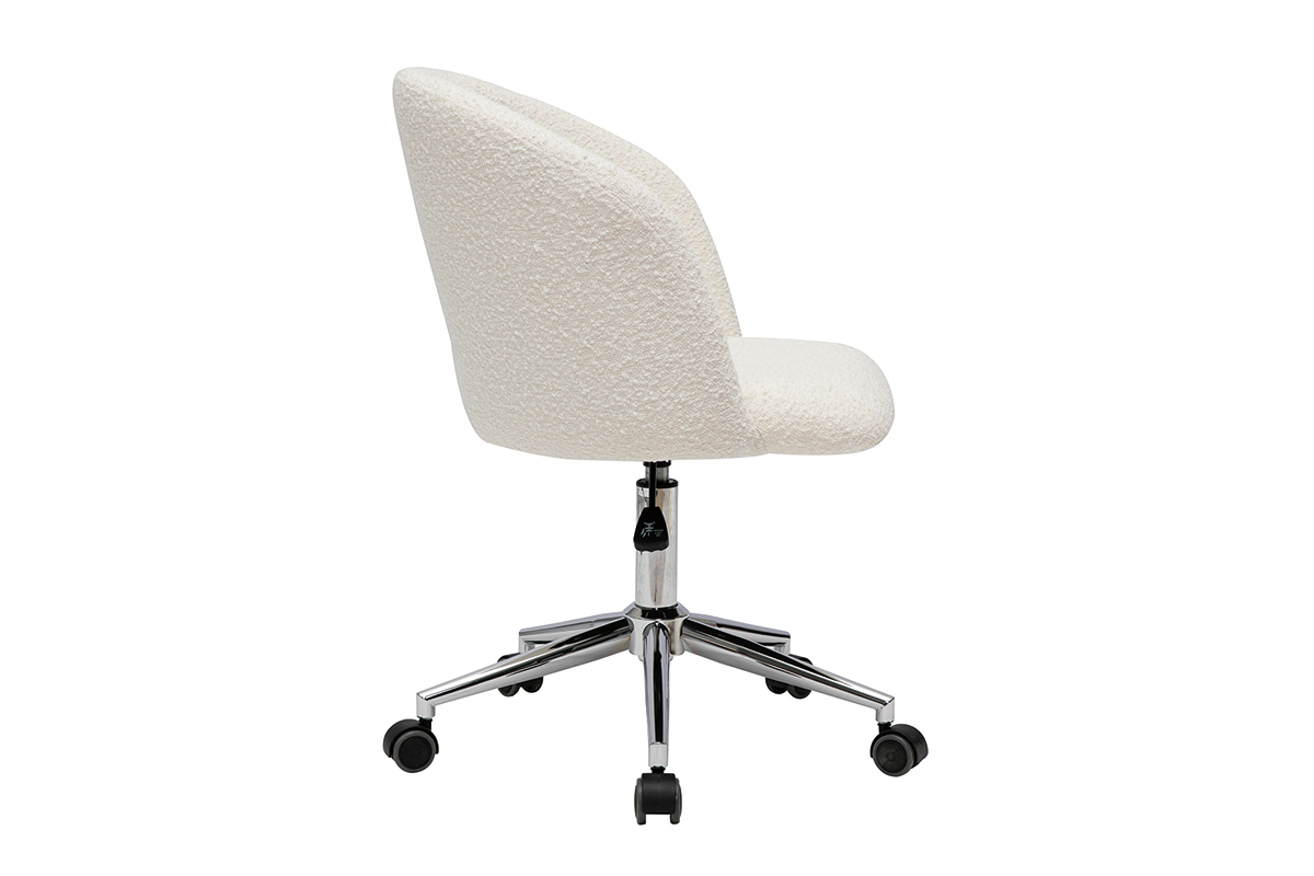 Chaise de bureau � roulettes en tissu effet laine boucl�e blanc cass� et acier chrom� VANITY