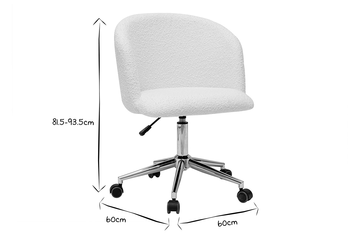 Chaise de bureau � roulettes en tissu effet laine boucl�e blanc cass� et acier chrom� VANITY