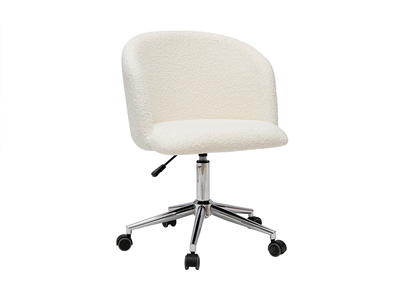Chaise de bureau &agrave; roulettes en tissu effet laine boucl&eacute;e blanc cass&eacute; et acier chrom&eacute; VANITY