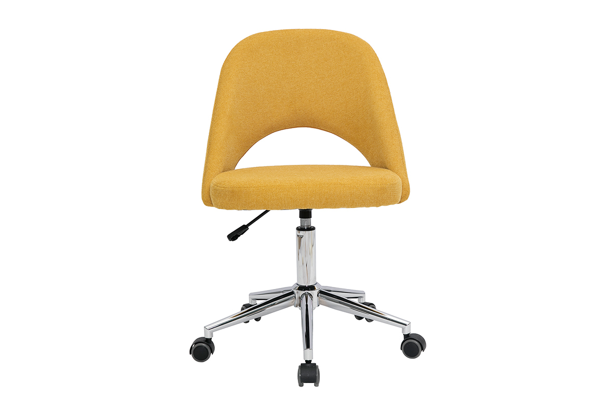 Chaise de bureau � roulettes en tissu effet velours textur� jaune moutarde et acier chrom� COSETTE