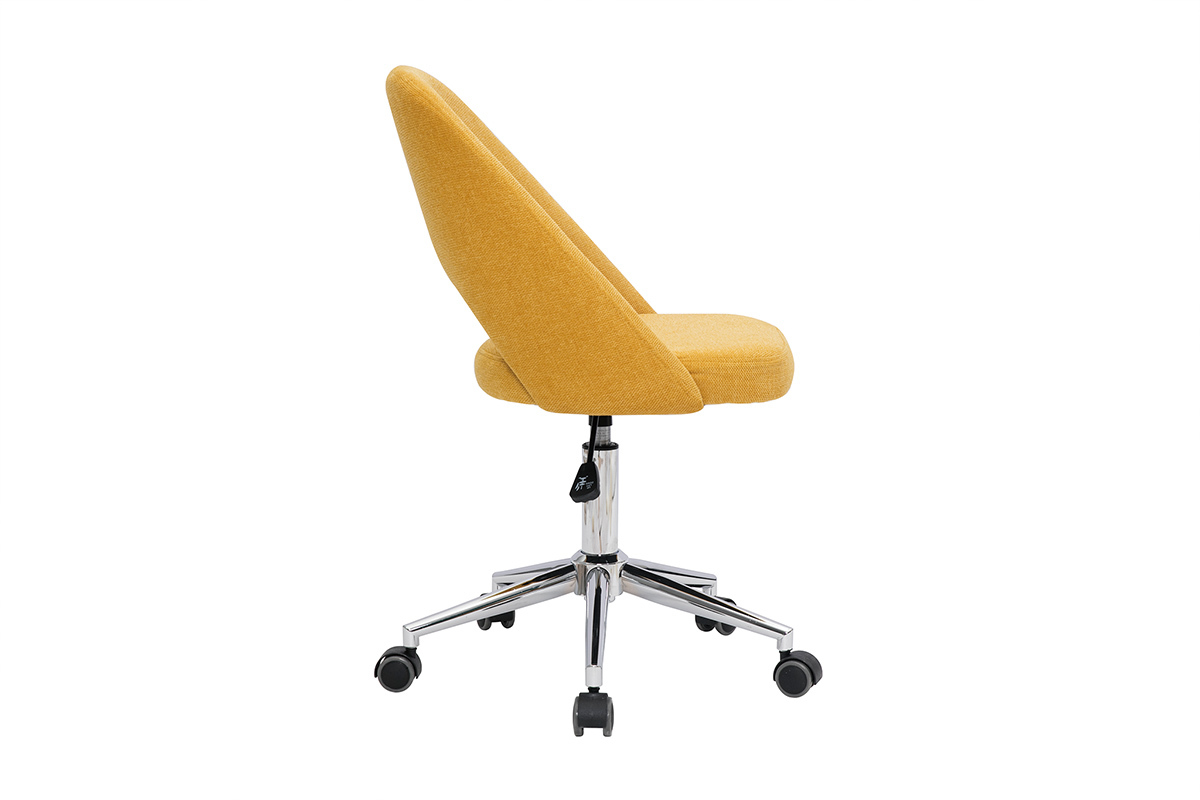 Chaise de bureau � roulettes en tissu effet velours textur� jaune moutarde et acier chrom� COSETTE