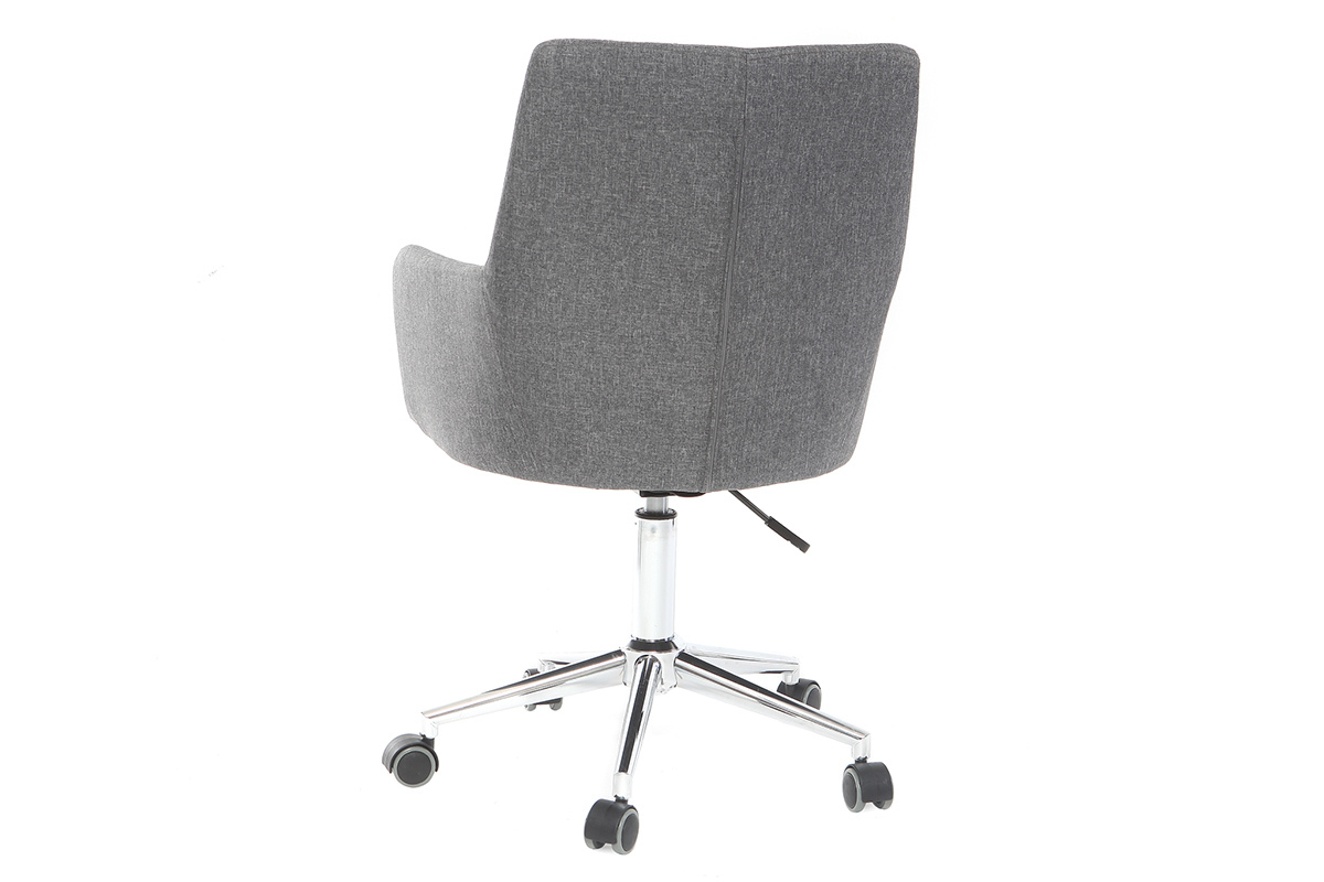 Chaise de bureau en tissu gris anthracite et acier chrom�, vue de dos, sur roulettes.