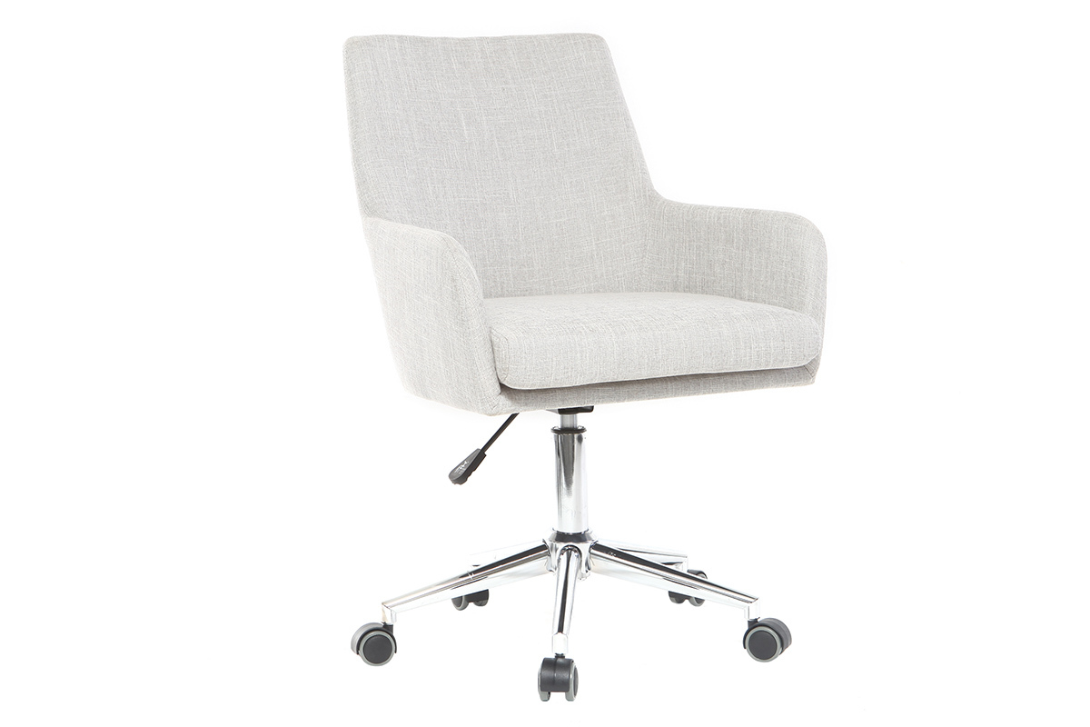 Chaise de bureau SHANA en tissu gris clair et acier chrom�, vue de 3/4avec roulettes.