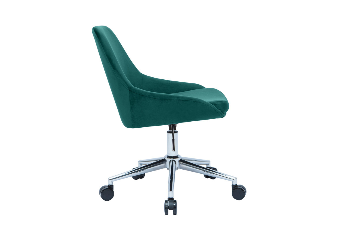 Chaise de bureau � roulettes en tissu velours bleu p�trole et acier chrom� HOLO