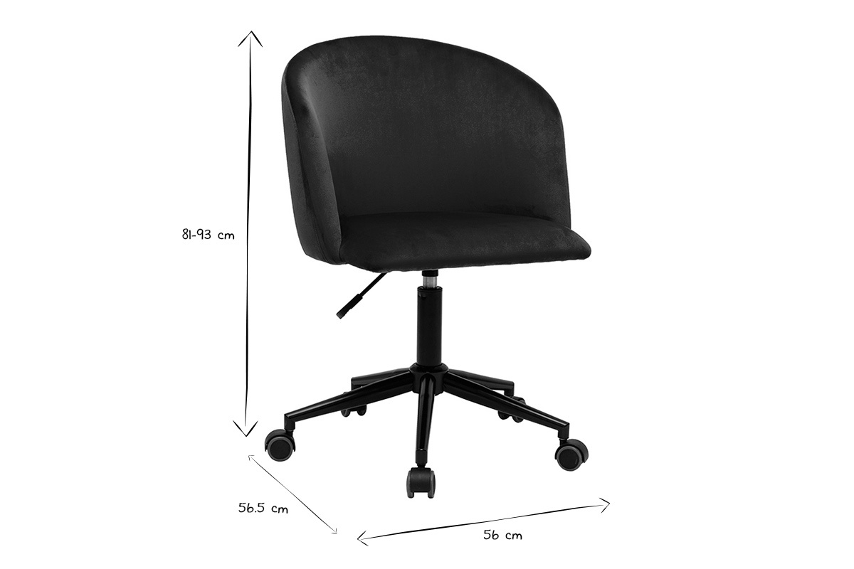 Dimensions de la chaise de bureau VANITY en noir et blanc, 81-93 cm de hauteur, 56x56,5 cm.