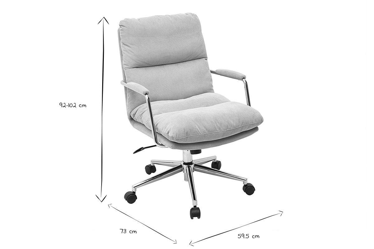 Chaise de bureau � roulettes en tissu velours c�tel� taupe et m�tal chrom� MIRABEAU