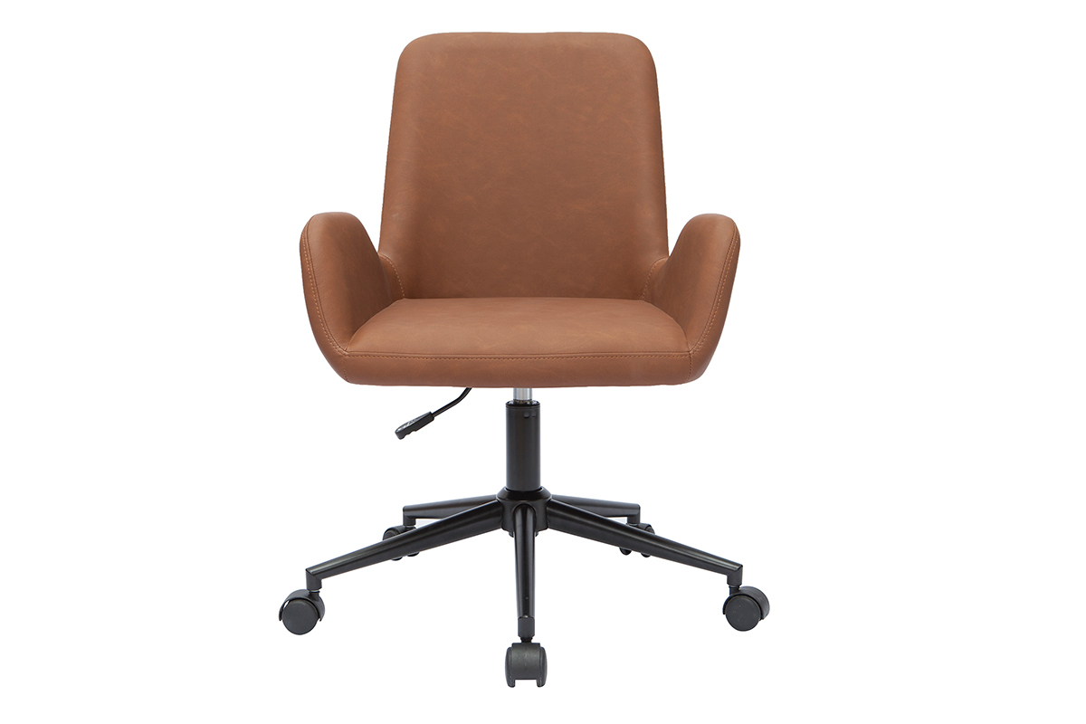 Chaise de bureau marron avec pi�tement noir � roulettes, vue de face.