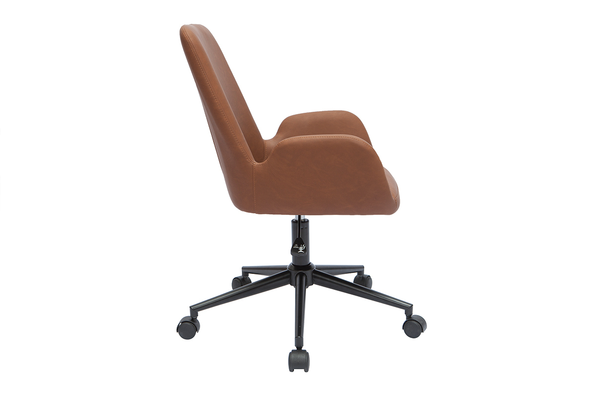 Chaise de bureau marron en vue de profil avec pi�tement noir et roulettes.