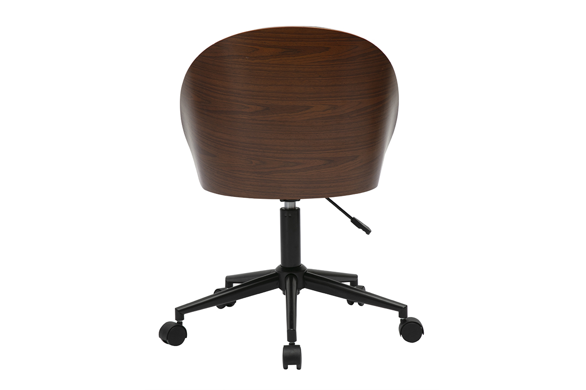 Chaise de bureau � roulettes noire, vue arri�re, dossier en bois fonc�.