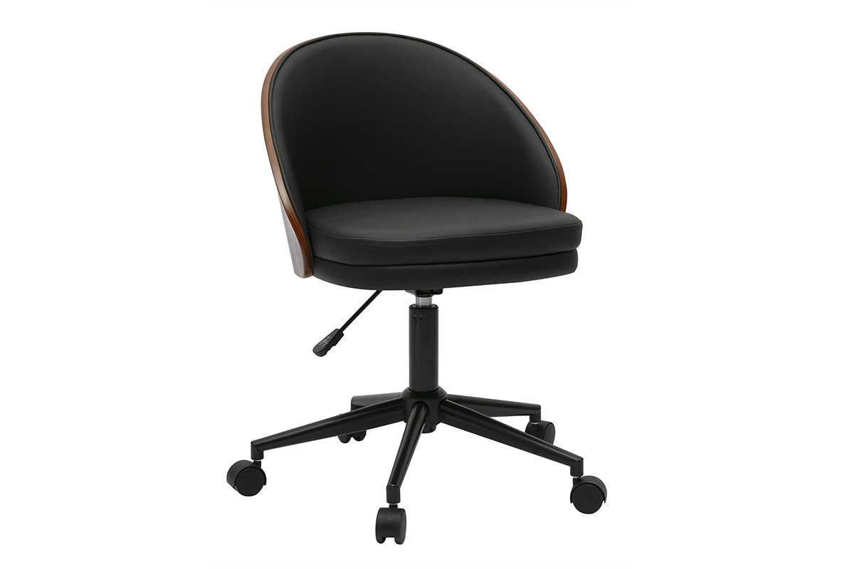 Chaise de bureau noire, bois fonc� et m�tal, vue de 3/4