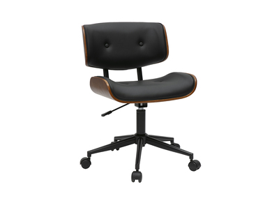 Chaise de bureau &agrave; roulettes noire et bois fonc&eacute; BASILE