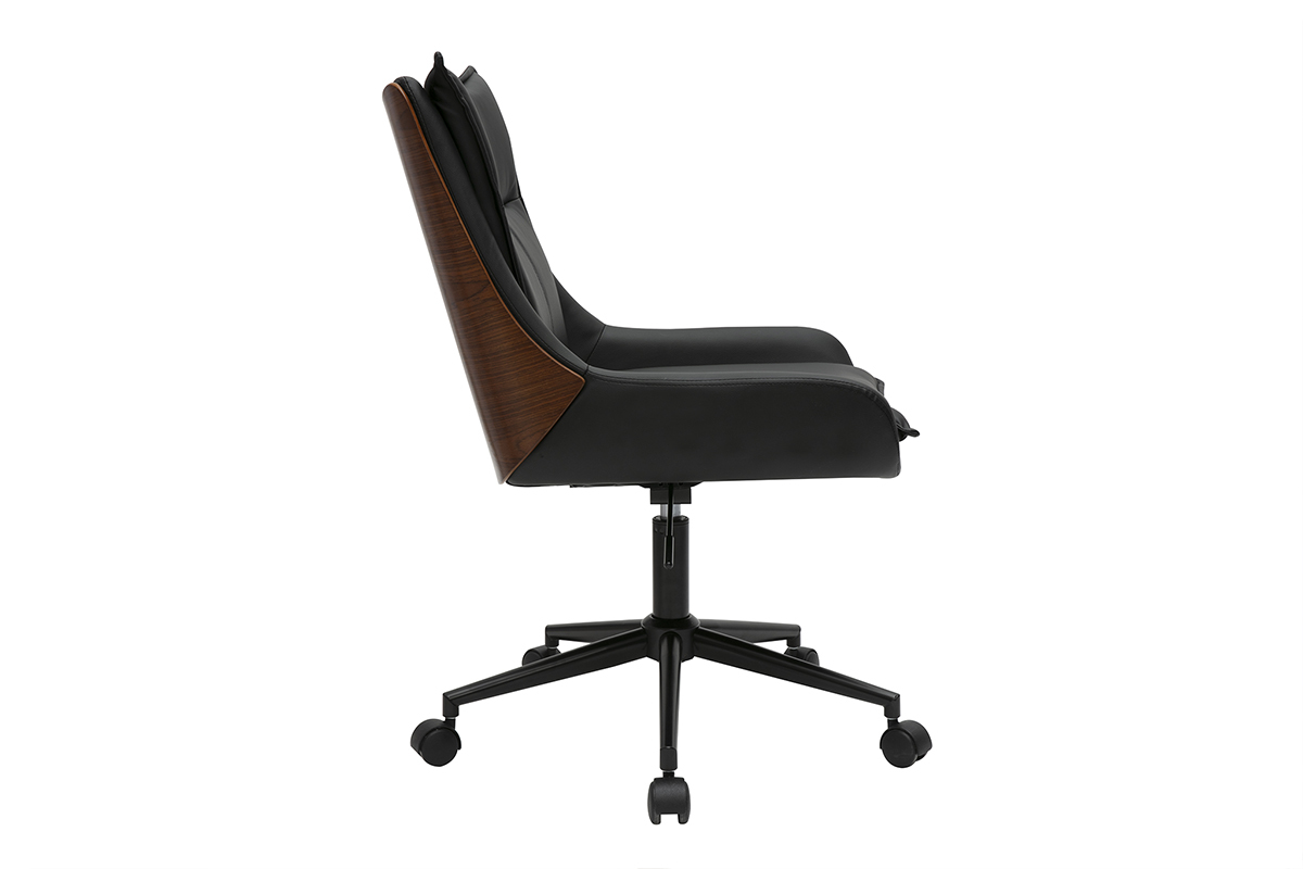 Chaise de bureau noire et bois fonc� BLAISE sur roulettes, vue de profil.