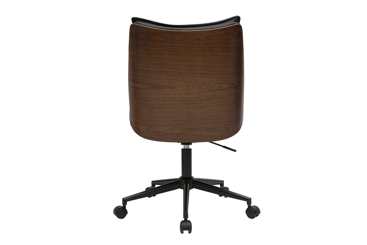 Chaise de bureau noire avec roulettes et dossier en bois fonc�, mod�le BLAISE