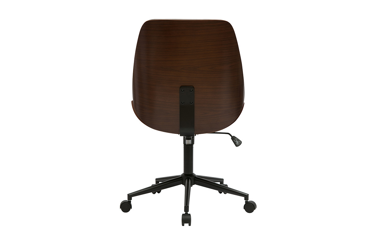 Chaise de bureau � roulettes noire et bois fonc�, vue de dos avec base �toile et roulettes.