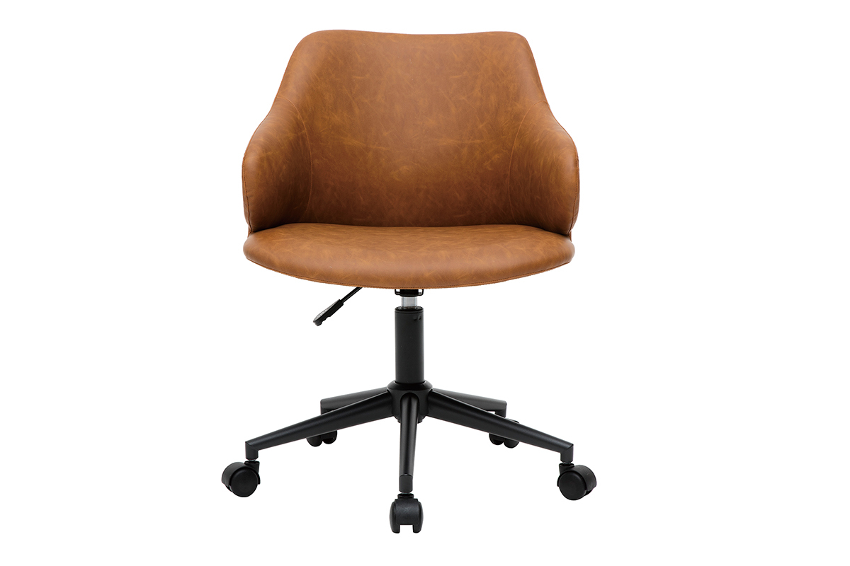 Chaise de bureau vintage marron avec roulettes vue de face.