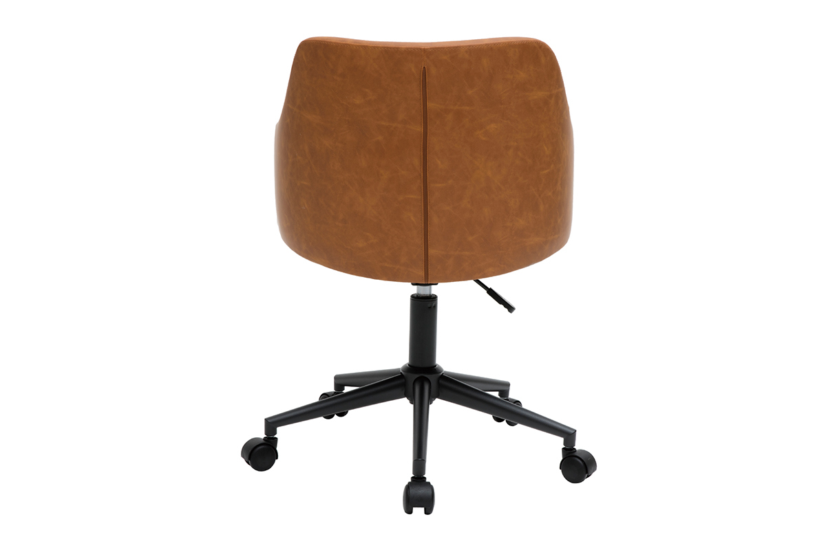 Chaise de bureau vintage marron vue de dos avec roulettes noires.