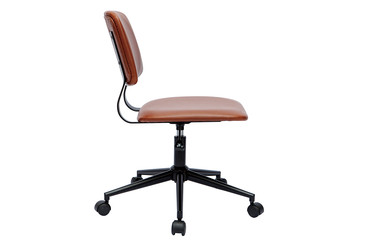 Chaise de bureau vintage marron vue de profil, structure en m�tal noir, roulettes.