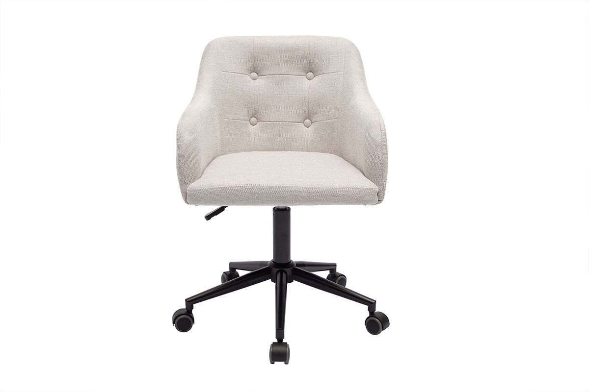 Chaise de bureau capitonn�e � roulettes en tissu effet velours textur� beige et m�tal noir BALTIK