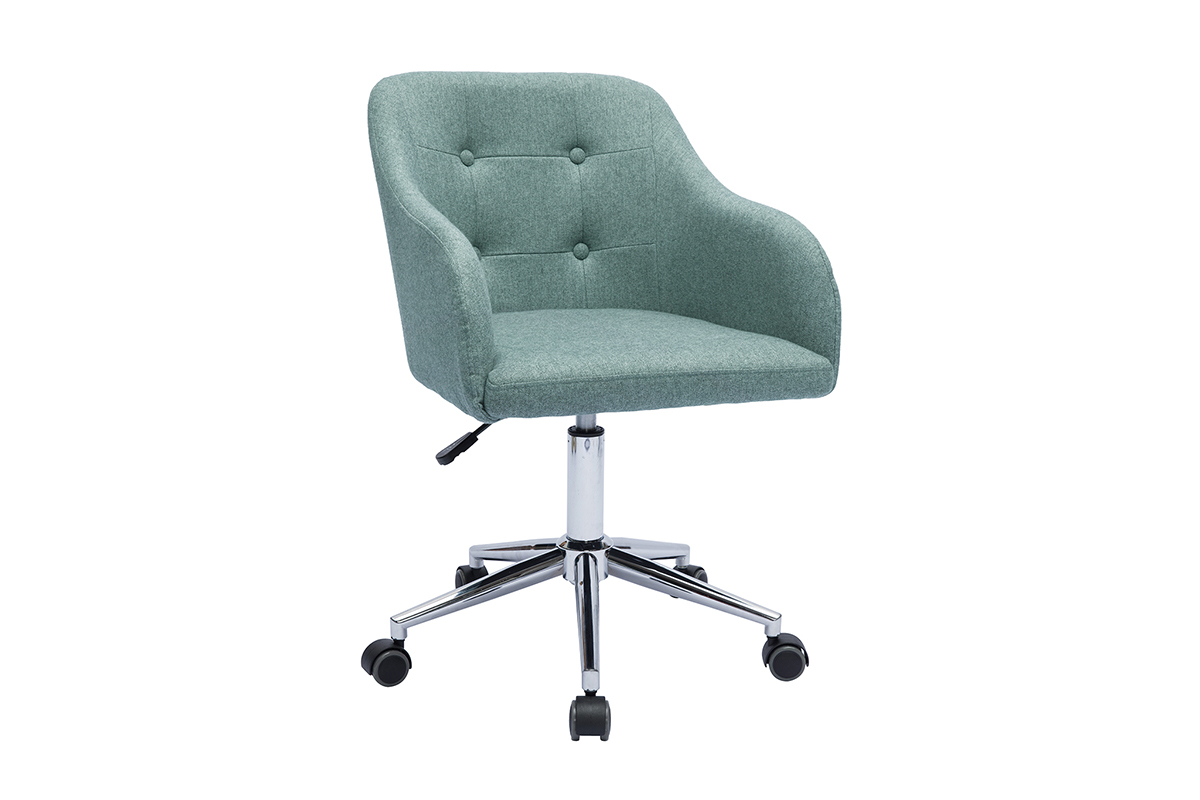 Chaise de bureau vert de gris capitonn�e, vue de 3/4, roulettes et pi�tement chrom�.