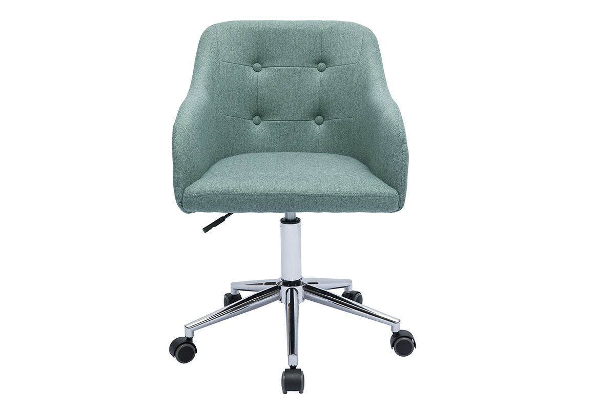 Chaise de bureau vert de gris en tissu effet velours avec roulettes, vue de face.