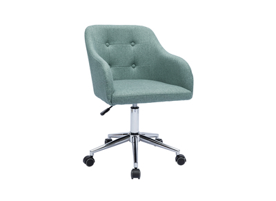 Chaise de bureau capitonn&eacute;e &agrave; roulettes en tissu effet velours textur&eacute; vert de gris et m&eacute;tal chrom&eacute; BALTIK