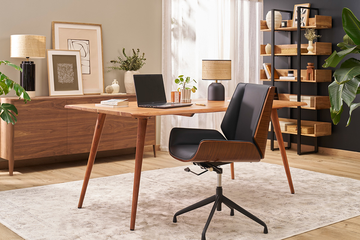 Chaise de bureau design pivotante 360� noir, bois fonc� noyer et m�tal noir CURVED